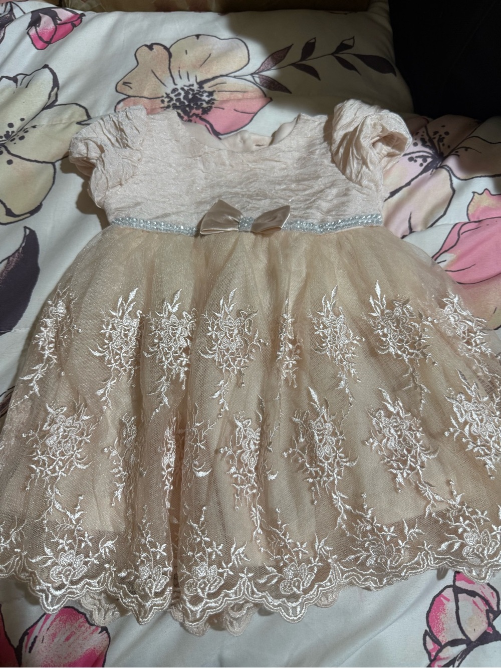 Girls' Embroidered Tulle Party Dress with Satin Bow - Blush